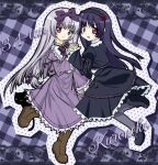  2girls 3.1-tan black_cat black_dress black_pantyhose boots bow bowtie brown_boots cat character_name crossover dress floral_print frilled_headwear gokou_ruri gothic_lolita highres holding_hands juliet_sleeves lolita_fashion long_sleeves looking_at_viewer mary_janes mugi_(mugi44i) multiple_girls ore_no_imouto_ga_konna_ni_kawaii_wake_ga_nai os-tan outline pantyhose pink_eyes puffy_sleeves purple_bow purple_bowtie purple_dress purple_hair rose_print shoes standing standing_on_one_leg white_hair 