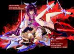  2girls ass bare_shoulders barefoot black_collar black_hair black_ribbon blue_eyes bonnet bound bow brown_hair closed_mouth collar columbina_(genshin_impact) commentary detached_collar detached_sleeves dress english_commentary english_text genshin_impact gradient_hair hair_ornament hair_ribbon hand_on_another's_thigh head_wings headdress highres invisible_shoes kneeling legs_up long_hair long_sidelocks long_sleeves lying multicolored_hair multiple_girls multiple_wings on_back purple_eyes purple_hair purple_streaks red_ribbon ribbon sandrone_(genshin_impact) short_hair_with_long_locks sidelocks smile streaked_hair tied_up_(nonsexual) two-tone_hair unusually_open_eyes very_long_hair white_dress white_headdress white_ribbon white_wings wing_hair_ornament wings wrist_bow yuri zahauku 