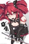  ! !! 1girl absurdres ahoge artist_name bare_shoulders black_dress black_ribbon black_sleeves bracelet breasts chain cleavage collar commentary detached_sleeves dress drill_hair eyeshadow goth_fashion hair_ornament highres holding holding_pole jewelry kasane_teto looking_at_viewer makeup medium_hair mikuneki number_tattoo open_mouth pole red_eyes red_eyeshadow red_hair red_trim ribbon simple_background skirt skull_hair_ornament sleeveless small_breasts socks solo speech_bubble spiked_bracelet spiked_collar spiked_sleeves spikes spoken_skull tattoo thighhighs twin_drills twintails utau white_background 