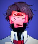  1boy black_skin blue_background brown_eyes brown_hair catherine_(project_moon) censored censored_identity collared_shirt colored_skin commentary grin heathcliff_(project_moon) highres limbus_company necktie portrait project_moon red_necktie shirt simple_background smile white_shirt yamyrice 