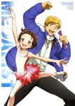  1boy 1girl :d absurdres ahoge akeuraji_tsukasa anime_coloring arm_up artist_name bare_shoulders black_pants blonde_hair blue_jacket blush braid braided_bangs brown_eyes brown_hair child copyright_name copyright_notice drawstring figure_skating figure_skating_dress fur-trimmed_jacket fur_trim hair_ornament happy highres holding ice_skates ice_skating jacket jacket_over_jacket jewelry leg_up long_sleeves looking_at_viewer medalist_(manga) mole mole_under_eye necklace newtype official_art oozeki_shiori open_clothes open_jacket open_mouth outstretched_arms pants quilted_jacket short_hair simple_background skates skating smile standing teeth third-party_source upper_teeth_only white_background white_jacket yellow_eyes yuitsuka_inori zipper zipper_pull_tab 