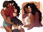  2girls asami_sato avatar_legends black_bra black_hair black_skirt black_thighhighs bra brown_hair commentary dark-skinned_female dark_skin denim denim_shorts english_commentary garter_straps highres kiss korra multiple_girls red_shirt shirt shorts skirt the_legend_of_korra thighhighs underwear wickesdt yuri 