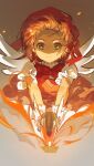  1girl absurdres angel_wings beret bow bowtie bright_pupils bubble_skirt buttons cardcaptor_sakura chinese_commentary closed_mouth commentary_request cowboy_shot determined dot_nose dress embers explosion fake_wings fire floating_clothes floating_hair forehead frilled_sleeves frills gloves green_eyes grey_background hat hat_ribbon highres holding holding_wand kinomoto_sakura kinomoto_sakura_(magician) lace-trimmed_sleeves lace_trim looking_at_viewer magical_girl muqingqingqing pinafore_dress pink_dress puffy_short_sleeves puffy_sleeves red_bow red_bowtie red_hat red_ribbon ribbon shaded_face shirt shirt_under_dress short_dress short_sleeves skirt sleeveless sleeveless_dress smoke solo standing straight-on v-neck wand white_gloves white_pupils white_shirt white_wings wings 