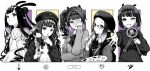  1girl :< apron beret blunt_bangs center-flap_bangs closed_mouth collared_dress commentary diamond_hairband dress eyepatch fang food food_on_face glasses gloves gradient_hair greyscale hair_bun hand_over_eye hat heterochromia highres holding holding_microphone holding_paint_palette holding_paintbrush holding_whisk hololive hololive_english long_hair long_sleeves looking_at_viewer medical_eyepatch microphone mole mole_under_eye monochrome multicolored_hair multiple_views neck_ribbon ninomae_ina'nis ninomae_ina'nis_(casual) ninomae_ina'nis_(drawn_to_dawn) ninomae_ina'nis_(ina_the_hero) ninomae_ina'nis_(pastry_chef) ninomae_ina'nis_(school_uniform) official_alternate_costume official_alternate_hairstyle one_eye_covered open_mouth outstretched_arm paint_palette paintbrush pinafore_dress pinstripe_pattern pinstripe_shirt pointy_ears quilted_dress ribbon semi-rimless_eyewear shirt short_hair side_ponytail sidelocks sleeveless sleeveless_dress smile sweater takodachi_(ninomae_ina'nis) tentacle_hair under-rim_eyewear untranslatable_commentary virtual_youtuber whisk yuuyu_(777) 
