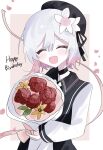  1girl beret black_choker black_coat black_hat border bouquet choker closed_eyes coat collared_coat commentary_request falling_petals fang flower gradient_hair hair_flower hair_ornament happy_birthday harumaking hat hat_flower hat_ribbon highres holding holding_bouquet long_sleeves mahou_shoujo_no_majo_saiban multicolored_hair neck_ribbon open_mouth petals pink_background pink_hair puffy_sleeves red_flower red_rose ribbon rose sakuraba_ema shirt short_hair sleeveless sleeveless_coat solo upper_body white_border white_flower white_hair white_ribbon white_shirt white_sleeves x_hair_ornament yellow_flower 