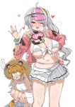  ... 2girls \||/ absurdres ahoge animal_ear_fluff animal_ears bare_shoulders bikini blush breasts collarbone colored_inner_hair commentary cosplay dated_commentary diving_mask goggles grey_hair hair_between_eyes hair_ornament hairclip hand_on_own_hip hand_up hat heart highres jacket ju_fufu large_breasts long_hair looking_at_another looking_at_viewer luciana_de_montefio luciana_de_montefio_(cosplay) mask mask_around_neck mole mole_on_breast multicolored_hair multiple_girls nahanmin navel one_eye_closed pink_jacket shirt side_ponytail simple_background single_hair_intake spoken_ellipsis squatting striped_fur striped_hair sun_hat sweat swimsuit tail tiger_ears tiger_girl tiger_stripes tiger_tail waving white_background white_bikini white_shirt yellow_eyes yixuan_(zenless_zone_zero) zenless_zone_zero 
