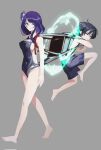  1boy 1girl alternate_costume aqua_halo arms_at_sides backpack bag bare_shoulders barefoot black_hair black_one-piece_swimsuit blunt_bangs blunt_ends breasts choppy_bangs clenched_teeth closed_mouth commentary_request eyelashes eyeliner fan_hair_ornament flower full_body genshin_impact grey_background hair_flower hair_ornament halo halo_behind_head highleg highleg_one-piece_swimsuit highres large_breasts long_hair long_single_sidelock looking_at_another looking_at_viewer looking_back makeup male_swimwear mid-stride mole mole_under_eye mother_and_child mother_and_son one-piece_swimsuit open_hand parent_and_child purple_eyes purple_flower purple_hair purple_nails purple_pupils purple_swim_trunks raiden_shogun randoseru red_bag red_eyeliner scaramouche_(genshin_impact) sideboob single_hair_intake sweat swept_bangs swim_trunks swimsuit teeth toes tomato315315 topless_male tsurime uneven_eyes 