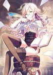  black_legwear blonde_hair book corset crossed_legs garter_straps glasses green_eyes h2so4 high_heels holding holding_book long_hair looking_at_viewer million_arthur_(series) open_book paper quill shoes sitting smile solo stool thighhighs 