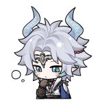  1boy aqua_scales artist_request black_corset blue_eyes blue_horns blue_tunic blush_stickers bracer brown_gloves center_opening chibi circlet clenched_hand closed_mouth collared_shirt corset crescent crescent_necklace cropped_torso downturned_eyes dragon_boy dragon_horns gloves grey_hair half-closed_eyes hand_on_own_chin high_collar horns infinity_nikki jewelry light_frown long_sleeves male_focus medium_hair meghill_(infinity_nikki) messy_hair necklace nikki_(series) official_art parksolian_(infinity_nikki) parted_bangs pointy_ears puffy_long_sleeves puffy_sleeves shirt shoulder_pads slit_pupils solo squeans sticker_(medium) thinking transparent_background tunic vest white_shirt white_vest 