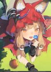  1girl animal_ear_fluff animal_ears apple arknights arknights:_endfield blonde_hair blue_flower cape collarbone commentary_request dress ears_through_headwear flower food fruit highres holding holding_flower hood hood_up hooded_cape looking_at_viewer open_mouth red_cape rossi_(arknights) shaggy_(user_mpum7284) solo squeans tail white_dress wolf_ears wolf_girl wolf_tail yellow_eyes 