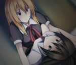  2girls black_skirt blonde_hair blush breasts brown_eyes brown_hair closed_mouth collared_dress collared_shirt commentary_request dress eye_contact fumei_(mugendai) long_hair looking_at_another lying maribel_hearn medium_breasts missing_headwear multiple_girls neck_ribbon necktie nose_blush on_back on_bed on_person open_mouth purple_dress purple_eyes red_necktie red_ribbon ribbon shirt short_hair short_sleeves skirt sleeve_cuffs small_breasts touhou usami_renko white_shirt yuri 