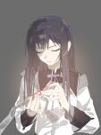  1girl akemi_homura akemi_homura_(magical_girl) black_capelet black_hair black_hairband bow bowtie capelet chinese_commentary closed_eyes closed_mouth collared_capelet commentary_request dress eyelashes film_strip fingernails grey_background grey_capelet hairband highres holding holding_sewing_needle image_sample layered_sleeves light_frown long_hair long_sleeves magical_girl mahou_shoujo_madoka_magica mahou_shoujo_madoka_magica_(anime) muqingqingqing purple_bow purple_bowtie sad simple_background solo straight_hair string string_of_fate two-tone_capelet upper_body white_dress xiaohongshu_sample 