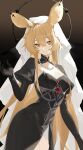  1girl absurdres animal_ears arknights black_background black_dress black_gloves black_shrug blonde_hair breasts breasts_apart brown_background chinese_commentary collared_shrug commentary cowboy_shot crossed_bangs dorothy_(arknights) dorothy_(hand_of_destiny)_(arknights) dress elbow_gloves gloves gradient_background halo halo_behind_head highres jewelry juliet_sleeves leaning_forward long_hair long_sleeves looking_at_viewer necklace official_alternate_costume pearl_necklace puffy_sleeves shrug_(clothing) side_slit simple_background solo strapless strapless_dress veil very_long_hair white_veil xuegao_ice yellow_eyes 