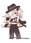  1girl belt black_belt black_bra black_gloves black_hat black_jacket black_pants bra chibi commentary_request cosplay fedora gloves hand_in_pocket hat highres horns jacket long_hair looking_at_viewer mask one_eye_covered pants simple_background single_horn skull_mask snorky_(trickcal) snorky_(trickcal)_(cosplay) solo speaki_(trickcal) thorns trickcal underwear yamada_sakura 