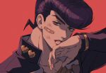 1boy bandaid bandaid_on_cheek bandaid_on_face black_hair black_jacket blood blood_from_mouth brown_shirt bruise bruise_on_face collarbone commentary diamond_wa_kudakenai earrings english_commentary eyelashes heart higashikata_josuke injury jacket jewelry jojo_no_kimyou_na_bouken long_sleeves male_focus open_clothes open_jacket piercing pink_eyes pompadour popped_collar red_background shirt simple_background solo stud_earrings tarosuke_ank upper_body 