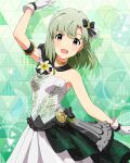  1girl arm_up black_hair blush bow breasts card_commentary commentary_request cowboy_shot earrings floral_print game_asset gloves gold_choker green_hair grey_eyes hair_bow idolmaster idolmaster_(classic) idolmaster_million_live! idolmaster_million_live!_theater_days idolmaster_stella_stage jewelry looking_at_viewer medium_hair mole mole_under_eye official_alternate_costume official_art open_mouth shiika_(fairytale_lily)_(idolmaster) shiika_(idolmaster) single_bare_shoulder skirt solo standing third-party_source white_gloves white_skirt 