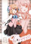  :d ;d back_ribbon black_pantyhose black_ribbon black_shoes black_skirt blue_bow blue_bowtie blue_ribbon bow bowtie character_name collared_shirt copyright_name different_zoom_layer donut donut_hair_ornament food food-themed_hair_ornament gochuumon_wa_usagi_desu_ka? hair_ornament hair_ribbon highres holding holding_microphone hoto_cocoa long_sleeves looking_at_viewer medium_hair microphone official_art one_eye_closed open_mouth orange_hair pantyhose pink_background pink_donut pink_vest plaid_background pon_de_ring pon_de_strawberry purple_eyes rabbit_house_uniform ribbon shirt shoes skirt smile striped_bow striped_bowtie striped_clothes vest white_ribbon white_shirt zoom_layer 