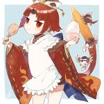  1girl animal ark_kan beni-enma beni-enma_(first_ascension) bird blush bowl commentary fate/grand_order fate_(series) food gradient_hair hat holding holding_bowl japanese_clothes kimono light_smile long_hair long_sleeves looking_at_viewer multicolored_hair red_eyes red_hair red_kimono rice rice_bowl simple_background solo sparrow spoon wide_sleeves wooden_spoon 