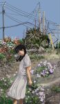  1girl arms_behind_back black_hair braid cigarette closed_eyes commentary_request day dress flower from_side highres holding holding_cigarette minahamu original outdoors power_lines simple_flower sky solo twin_braids white_dress 