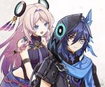  1boy 1girl ahoge animal_ears arm_at_side arm_markings armlet bare_shoulders bat_ears bat_wings behind_another black_hood black_jacket black_shirt black_sleeves blue_eyes blue_scarf blunt_tresses braid citlali_(genshin_impact) closed_mouth clothing_cutout colored_inner_hair commentary_request expressionless facial_mark feather_hair_ornament feathers floating_headgear genshin_impact gradient_hair grandmother_and_grandson hair_intakes hair_ornament hair_tubes headgear heterochromia highres hip_vent jacket jewelry kotarou leotard long_hair looking_at_another looking_at_viewer mandarin_collar multicolored_hair necktie o-ring open_clothes open_jacket open_mouth ororon_(genshin_impact) parted_bangs pink_hair pink_pupils purple_hair purple_necktie purple_skirt red_eyes ring_hair_ornament scarf shirt sidelocks skirt sleeveless sleeveless_turtleneck tongue triangle triangle_facial_mark turtleneck turtleneck_leotard twin_braids undershirt v-shaped_eyebrows white_background wings 