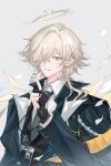  1boy absurdres arknights bishounen black_coat black_gloves blonde_hair chinese_commentary coat collared_shirt commentary detached_wings earclip energy_wings enforcer_(arknights) fingerless_gloves gloves green_necktie grey_background hair_over_one_eye half-closed_eyes halo highres id_card index_finger_raised lanyard long_hair looking_at_viewer male_focus necktie one_eye_covered open_clothes open_coat parted_lips purple_eyes shirt simple_background single_hair_intake smile solo traditional_halo upper_body vest waistcoat white_shirt wings wire xuan_xuan_xuan_za 