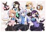  5girls :d ;) ;d angora_rabbit anko_(gochiusa) back_ribbon black_eyes black_pantyhose black_ribbon black_shoes black_skirt blonde_hair blue_bow blue_bowtie blue_eyes blue_hair blue_ribbon blue_vest boots bow bowtie brown_boots brown_hair character_name choco_fashion chocolate-covered_food closed_mouth collared_shirt crown donut donut_hair_ornament food food-themed_hair_ornament glazed_donut gochuumon_wa_usagi_desu_ka? green_eyes green_vest hair_ornament hair_ribbon hairclip high_heels holding holding_microphone hoto_cocoa kafuu_chino kirima_syaro kneehighs long_hair long_sleeves looking_at_viewer lowres medium_hair microphone mini_crown multiple_girls official_art old-fashioned_donut one_eye_closed open_mouth orange_hair pantyhose parallel_hairclips parted_lips pink_background pink_donut pink_vest polka_dot polka_dot_background pon_de_chocolat pon_de_ring pon_de_strawberry purple_eyes purple_hair purple_vest rabbit rabbit_house_uniform reaching reaching_towards_viewer ribbon scar scar_across_eye scar_on_face shirt shoes short_hair skirt smile socks star_(symbol) star_symbol_background striped_bow striped_bowtie striped_clothes tedeza_rize tippy_(gochiusa) twintails ujimatsu_chiya vest white_eyes white_ribbon white_shirt white_socks wild_geese x_hair_ornament yellow_vest 