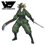  1girl belt black_belt black_boots black_gloves black_sclera boots breast_pocket camouflage camouflage_jacket camouflage_pants claws closed_mouth colored_sclera commander_hebizuka commentary_request eidenjyou1997 emblem eyeliner full_body genderswap genderswap_(mtf) gloves gold_helmet green_hair green_jacket green_pants green_scales helmet highres holding holding_sword holding_weapon jacket kamen_rider knee_boots long_arms looking_at_viewer makeup mechanical_arms medium_hair military_fatigues military_uniform mismatched_sclera neo_kamen_rider pants pocket red_eyeliner red_eyes scabbard scales scarf sheath shocker_(kamen_rider) simple_background single_glove single_mechanical_arm solo standing sword unsheathed weapon white_background white_scarf 