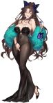  1girl bare_shoulders black_dress black_shoes bracelet breasts brown_dust_(series) brown_dust_2 brown_hair cleavage covered_navel dalvi_(brown_dust) dalvi_(tricky_lover)_(brown_dust) dress full_body high_heels holding jewelry large_breasts long_hair looking_at_viewer official_art one_eye_closed open_mouth ring shoes simple_background smile solo standing strapless strapless_dress teeth transparent_background upper_teeth_only very_long_hair wide_hips 