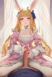  1boy 1girl ai-generated animal_ears blonde_hair blush bow clothes_lift curtains dress handjob hetero highres indoors large_penis long_hair long_sleeves looking_at_viewer pantyhose penis pink_dress pink_eyes pov puffy_long_sleeves puffy_sleeves rabbit_ears sitting solo_focus straddling two-handed_handjob uncensored white_pantyhose 