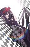  1girl absurdres akemi_homura akuma_homura black_dress black_feathers black_gloves black_hair black_wings bow breasts checkered_floor checkered_thighhighs cleavage commentary dress elbow_gloves english_commentary feathered_wings feathers gloves hair_bow hairband highres long_hair looking_at_viewer lying mahou_shoujo_madoka_magica mahou_shoujo_madoka_magica:_hangyaku_no_monogatari on_floor on_side purple_eyes red_bow red_hairband shiyan_ying small_breasts solo wings 