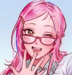  1girl :d ;d alien_stage blue_background commentary contrast_collar english_commentary frieddog glasses hair_ornament hairclip highres long_hair mizi_(alien_stage) official_alternate_costume one_eye_closed open_mouth pink-framed_eyewear pink_hair portrait shirt smile solo white_shirt yellow_eyes 