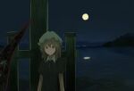  1girl blonde_hair blue_eyes buttons closed_mouth collared_dress commentary_request contrast_collar dress fumei_(mugendai) gap_(touhou) hat maribel_hearn medium_hair mob_cap moon mountain night ocean short_sleeves solo standing touhou white_hat 