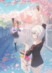  2girls absurdres arm_up artist_request bag bang_dream! bang_dream!_it's_mygo!!!!! black_shirt blue_eyes blue_serafuku blue_shirt blue_skirt bouquet box bridge brown_hair cake cherry_blossoms chinese_commentary closed_mouth commentary_request commission food gift gift_box grey_hair highres holding holding_bag holding_bouquet holding_food kaname_raana long_hair long_sleeves matcha_(food) multiple_girls nagasaki_soyo outdoors petals pleated_skirt profile sailor_collar school_uniform second-party_source serafuku shirt shopping_bag short_hair sidelocks skirt sky spring_(season) standing tree tsukinomori_school_uniform white_hair white_sailor_collar white_shirt winter_uniform 