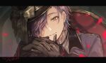  1boy ascot black_ascot black_gloves black_hat blue_streaks bow chair closed_mouth commentary falling_petals gloves hair_behind_ear hair_over_one_eye hands_up hat hat_bow highres interlocked_fingers jacket kamishiro_rui kono_matsuri_ni_yuuyami_iro_mo_(project_sekai) letterboxed looking_at_viewer male_focus multicolored_hair official_alternate_costume official_alternate_hairstyle on_chair one_eye_covered petals portrait project_sekai propose_(cevio) purple_hair purple_jacket ren_(furogirai) smile solo streaked_hair watermark yellow_eyes 