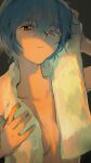  1girl absurdres ayanami_rei blue_hair breasts closed_mouth commentary_request crack_of_light dark dripping drying drying_hair expressionless grey_background hand_on_own_head hands_up highres holding holding_towel looking_at_viewer neon_genesis_evangelion nude painterly red_eyes short_hair simple_background small_breasts solo sushirice_0 towel towel_around_neck upper_body wet wet_hair 