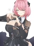  1girl absurdres black_dress black_shrug black_wings breasts chest_belt cleavage commentary_request dress heart heart_hands highres large_breasts looking_at_viewer medium_hair pink_hair purple_eyes remielle_dan samejimamayu shrug_(clothing) simple_background smile solo spoken_heart white_background wings zenless_zone_zero 