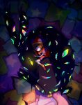  1girl abstraction_(the_amazing_digital_circus) asymmetrical_gloves blue_gloves blue_hat brown_hair ceresskp closed_eyes commentary english_commentary gloves hat hat_bell highres jax_(the_amazing_digital_circus) jester_cap lying mismatched_gloves on_side pillow pomni_(the_amazing_digital_circus) red_gloves red_hat red_shoes shoes short_hair sleeping striped_hat the_amazing_digital_circus 