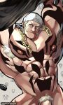  1boy abs armpit_hair artist_name backwards_hat bara baseball_cap candycandie closed_mouth commentary english_commentary excessive_armpit_hair fang fang_out hat highres kaichi_susuki large_pectorals long_sideburns looking_at_viewer male_focus male_pubic_hair muscular muscular_male navel navel_hair nipples pectorals penis_out_of_frame pubic_hair shin_subarashiki_kono_sekai sideburns solo subarashiki_kono_sekai tattoo 