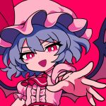  1girl ascot bat_wings blue_hair bright_pupils commentary_request hat hat_ribbon ishiki_nuru looking_at_viewer mob_cap open_mouth pink_background pink_hat pink_shirt puffy_short_sleeves puffy_sleeves red_ascot red_eyes remilia_scarlet ribbon shirt short_sleeves simple_background smile solo touhou upper_body white_pupils wings 
