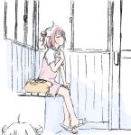  akaza_akari bag blush double_bun dress hair_bun handbag hot pink_dress pink_hair sandals shirt sitting sweat sweatdrop train_station undershirt wakaryang white_shirt window yuruyuri 