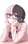  1girl 8000_(pixiv_76944875) black-framed_eyewear black_bow black_bowtie black_hair blush bow bowtie cardigan commentary ear_piercing earrings elbows_on_table glasses hair_ornament hairclip hands_on_own_cheeks hands_on_own_face head_rest highres jewelry multicolored_hair pencil pencil_as_mustache piercing pink_cardigan pink_hair solo split-color_hair tachibana_hinano tachibana_hinano_(school_uniform) two-tone_hair untranslatable_commentary upper_body virtual_youtuber vspo! 