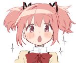  1girl :o blush bow bowtie cocoa_(ultra_mdk) commentary_request hair_ribbon kaname_madoka looking_at_viewer mahou_shoujo_madoka_magica mahou_shoujo_madoka_magica_(anime) mitakihara_school_uniform open_mouth pink_eyes pink_hair red_bow red_bowtie red_ribbon ribbon school_uniform short_hair short_twintails sidelocks simple_background solo sparkle sweater twintails white_background yellow_sweater 