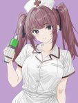  1girl absurdres arm_at_side black_ribbon breasts closed_mouth collared_shirt commentary_request hair_ribbon hand_up hat highres holding holding_syringe indoors long_hair natsuki_karin nurse_cap pink_hair purple_background purple_eyes ribbon shirt short_sleeves simple_background smile solo straight_hair synthesizer_v syringe twintails upper_body v-lab white_shirt 
