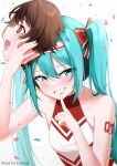  1girl aqua_eyes aqua_hair arm_tattoo artist_name bare_shoulders blush bow brown_hair cheerleader commentary_request confetti finger_to_mouth fingernails grin hair_between_eyes hair_bow hatsune_miku heart heart-shaped_pupils highres keipup long_hair mask mask_on_head mole mole_under_eye open_mouth porter_robinson_(copyright) project_sekai red_eyes short_hair shushing simple_background smile smile!_:d solo symbol-shaped_pupils tattoo teeth twintails vocaloid white_background 