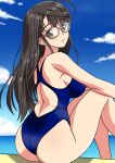  1girl absurdres ahoge black_hair blue_one-piece_swimsuit commentary_request competition_swimsuit feet_out_of_frame freckles glasses happy_birthday highres horizon idolmaster idolmaster_cinderella_girls long_hair looking_at_viewer looking_back ocean okuyama_saori one-piece_swimsuit racerback smile solo swimsuit yuuyuu_(3jjbn) 