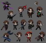 6+boys absurdres aedd_(e.g.o) antique_firearm apron arm_behind_back arm_blade arthropod_boy arthropod_limbs bandage_over_one_eye bandaged_arm bandages beard_stubble black_gloves blood blood_in_hair blood_on_face blood_on_hand blue_coat brown_eyes brown_hair chainsaw cigarette cleaver coat coat_on_shoulders cockroach_boy conical_hat crossbow dog_tags e.g.o_(project_moon) eyepatch facial_hair fighting firefist_office_(identity)_(project_moon) firelock flamethrower flintlock g_corp._(identity)_(project_moon) gas_mask gauntlets glasses gloves goggles goggles_around_neck gregor_(project_moon) grey_background gun hair_slicked_back hat heishou_pack-si_branch_(identity)_(project_moon) hemokinesis highres holding holding_chainsaw holding_cleaver holding_crossbow holding_gun holding_mask holding_polearm holding_staff holding_sword holding_weapon hook_hand insect_wings jacket kicking kurokumo_clan_(identity)_(project_moon) la_manchaland_(identity)_(project_moon) lamp_(e.g.o) lce_(identity)_(project_moon) limbus_company liu_association_south_(identity)_(project_moon) liu_association_south_uniform mask mouth_mask multiple_boys multiple_persona nail_(hardware) necktie night_awls_(identity)_(project_moon) peg_leg pirate_hat polearm project_moon prosthesis purple_eyes purple_scarf r.b._(identity)_(project_moon) red_eyes red_necktie rice_hat rosespanner_workshop_(identity)_(project_moon) saber_(weapon) scar scar_on_face scar_on_forehead scarf shirt smoking ssong25z staff stole stubble suit suit_jacket sweatdrop sword twinhook_pirates_(identity)_(project_moon) vampire vest weapon white_shirt wings wuthering_heights_(identity)_(project_moon) zwei_association_south_(identity)_(project_moon) zwei_association_south_uniform 