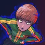  1girl badge brown_hair button_badge commentary green_jacket highres jacket persona persona_4 persona_4_revival satonaka_chie shadow_(persona) shadow_chie smiley_face solo syngmanyeep tomboy track_jacket yellow_eyes 