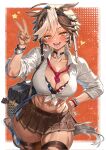  1girl abs ahoge alternate_costume american_flag american_flag_bikini american_flag_print amesuku_gyaru animal_charm animal_ear_fluff animal_ears arm_up bag bag_charm belt between_breasts bikini bikini_top_under_shirt bikini_under_clothes bikini_under_skirt black_bag black_choker blush border bow bow_bikini bracelet breasts brown_hair brown_skirt brown_thighhighs carrot_charm charm_(object) choker cleavage clothes_between_breasts collarbone collared_shirt colored_tips commentary commission contrapposto cowboy_shot cowlick dark-skinned_female dark_skin dot_nose english_commentary eyeshadow fingernails flag_print flag_print_bikini floating_hair gyaru hair_belt half-closed_eyes halftone halftone_background hand_on_own_hip heart highleg highleg_bikini highres horse_ears horse_girl horse_tail horseshoe_o-ring indie_virtual_youtuber jewelry kogal large_breasts long_fingernails long_sleeves looking_at_viewer loose_hair_strand loose_necktie makeup microskirt midriff multi-source_commentary multicolored_hair multiple_bracelets muscular muscular_female nail_polish navel necktie necktie_between_breasts open_mouth orange_background orange_eyes orange_eyeshadow orange_nails outside_border pleated_skirt print_bikini red_necktie school_bag school_uniform second-party_source shirt shizuru_(daikoukaizidai) short_hair skeb_commission skirt sleeves_rolled_up smile solo standing star_(symbol) star_charm star_in_eye stomach stuffed_animal stuffed_horse stuffed_toy swimsuit symbol_in_eye tail thick_thighs thighhighs thighs tied_shirt tomoe_umari torn_clothes torn_thighhighs two-tone_hair unbuttoned unbuttoned_shirt v virtual_youtuber white_border white_hair white_shirt wide_hips 