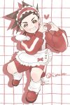  5_inaba apron brown_eyes brown_hair commentary grid_background gym_shorts heart heart_hands highres jacket jersey_maid light_blush lloyd_irving loose_socks maid maid_apron maid_headdress red_jacket red_shoes red_shorts shoes shorts smile sneakers socks tales_of_(series) tales_of_symphonia teeth track_jacket twitter_username unconventional_maid white_background 