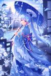  1girl absurdres alternate_costume blue_bow blue_eyes blue_hair blue_kimono blue_umbrella bow closed_mouth commentary floral_print floral_print_kimono flower from_behind genshin_impact hands_up highres holding holding_umbrella indoors japanese_clothes kamisato_ayaka kimono long_hair long_sleeves looking_at_viewer looking_back low-tied_sidelocks oil-paper_umbrella ponytail print_kimono shou_choujin_juntuan sidelocks smile solo standing umbrella untranslatable_commentary very_long_hair white_flower wide_sleeves 